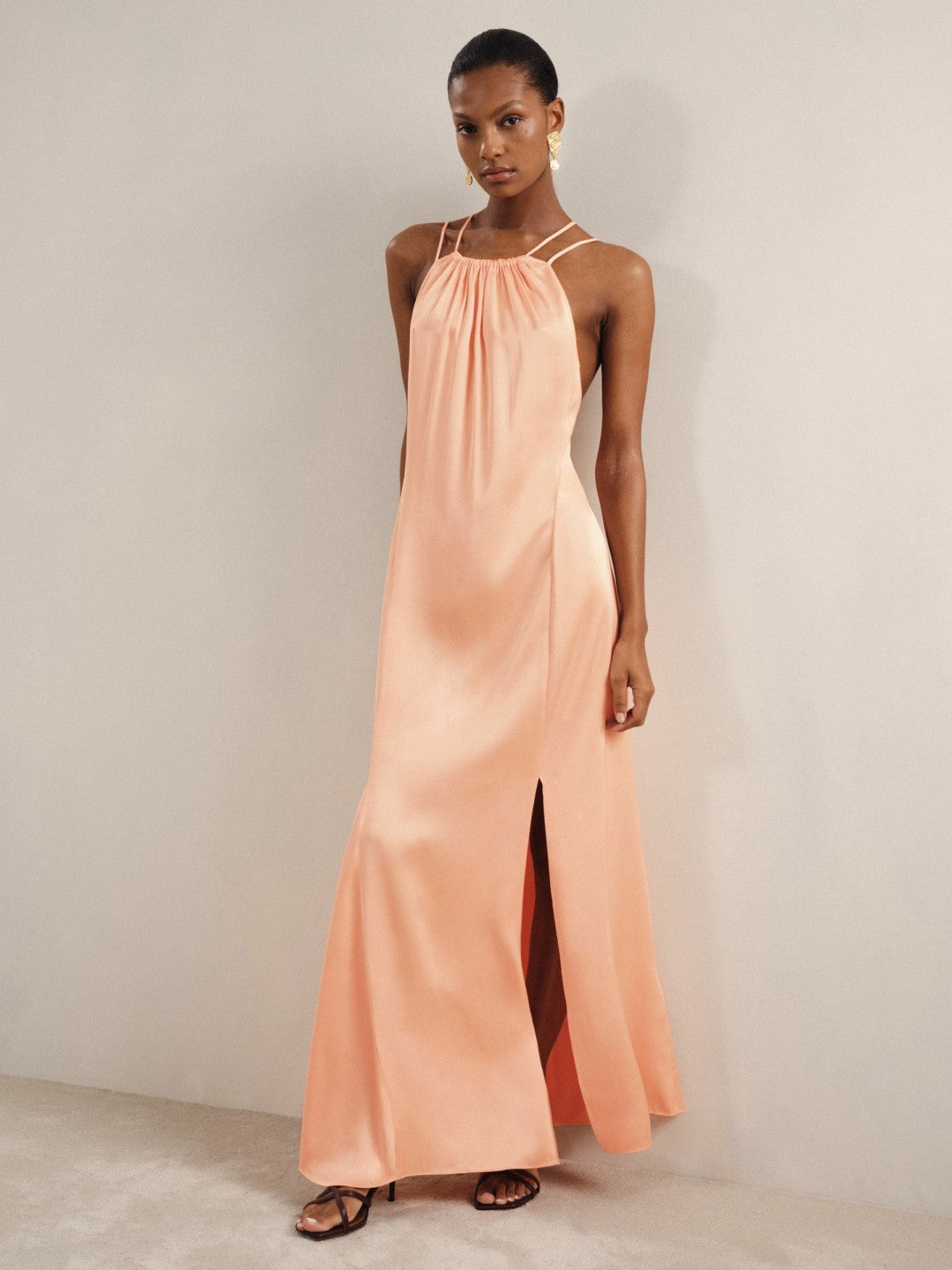 Petite Satin Halterneck Maxi Dress in Peach | Reiss Women Exclusive