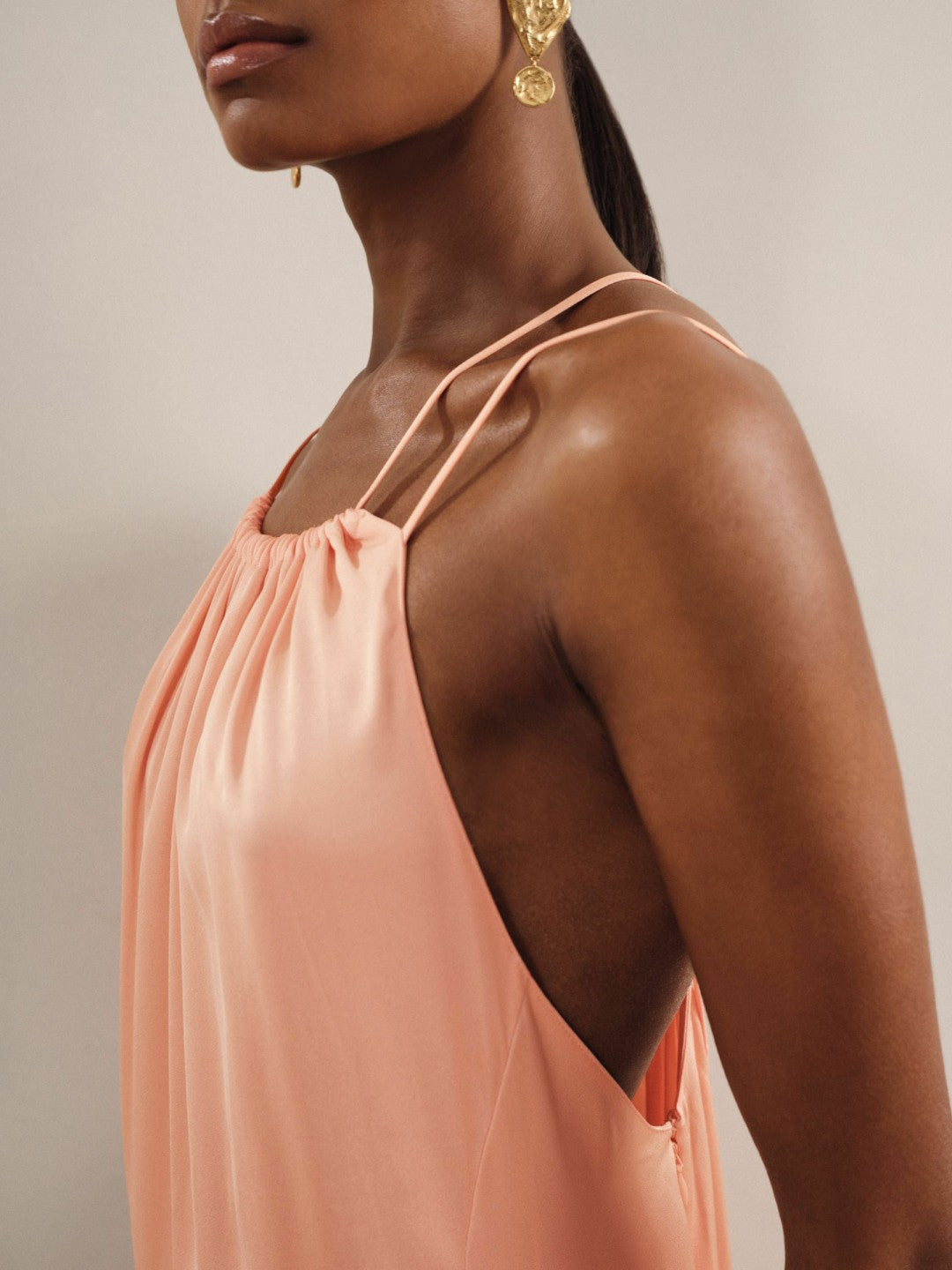 Petite Satin Halterneck Maxi Dress in Peach | Reiss Women Exclusive