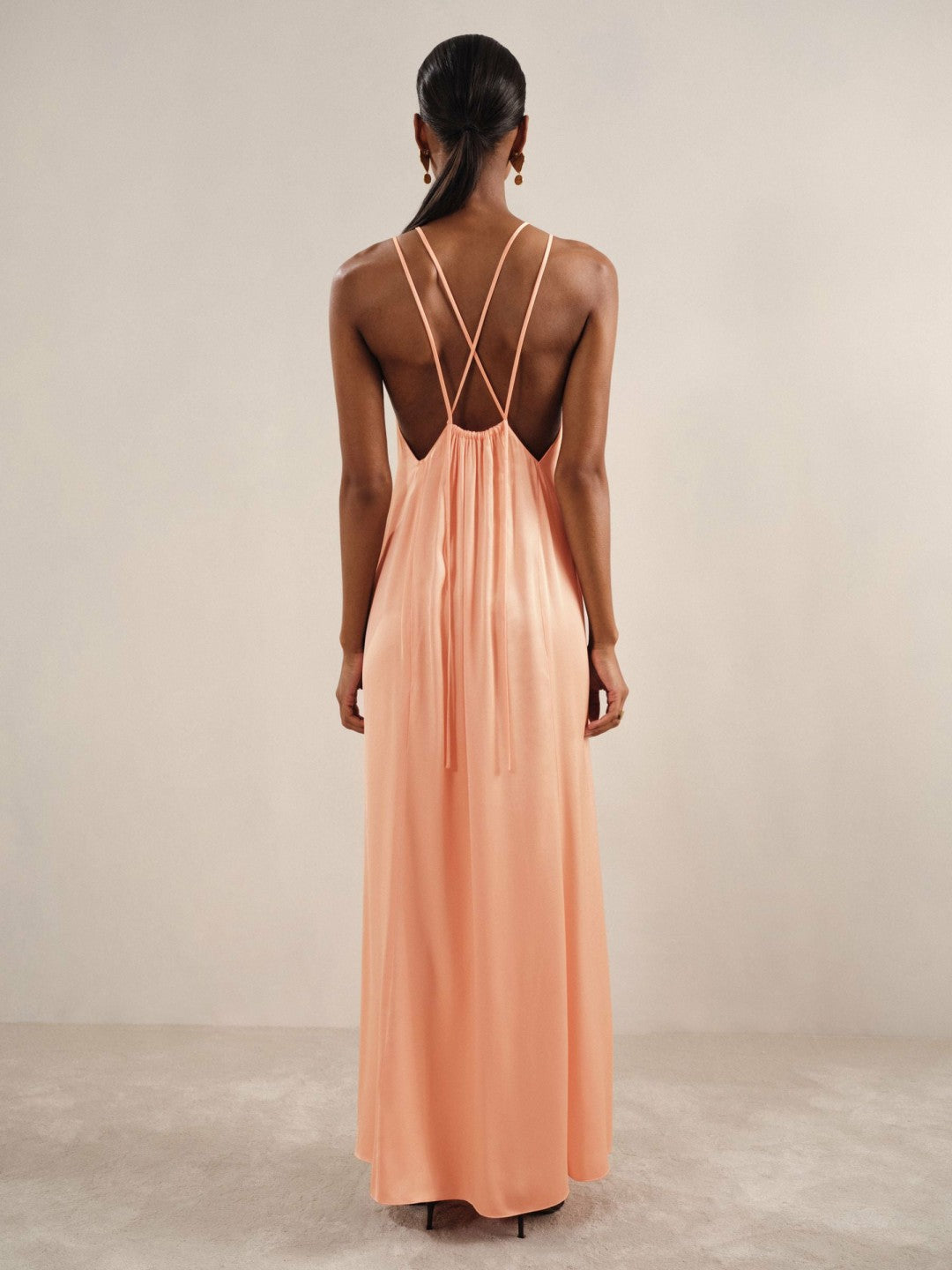 Petite Satin Halterneck Maxi Dress in Peach | Reiss Women Exclusive