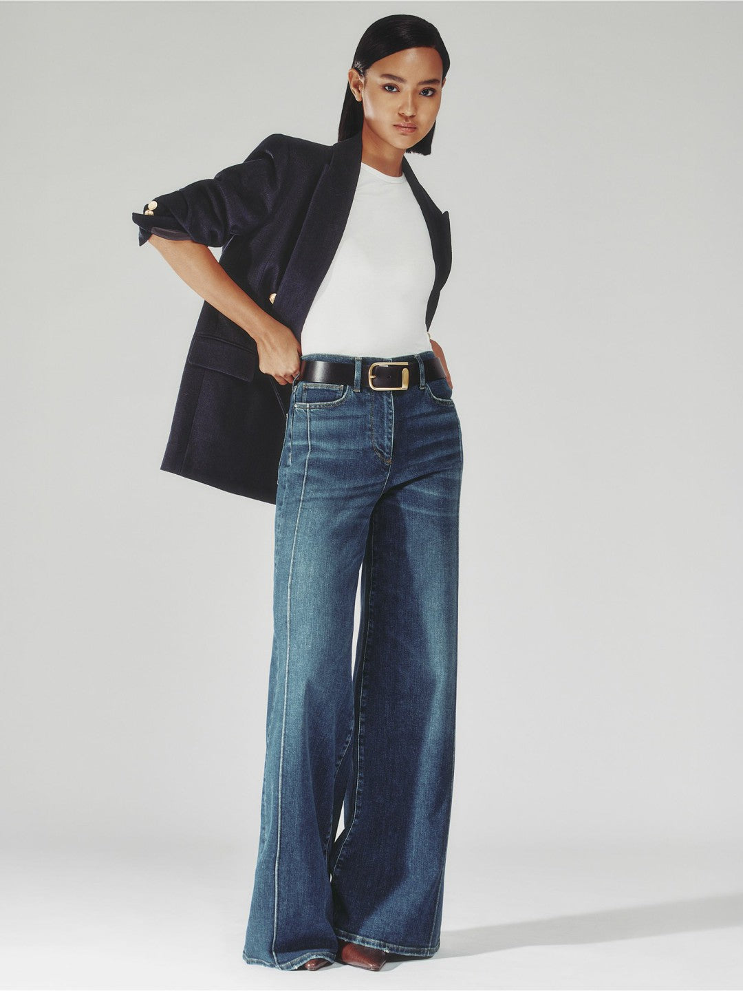 Petite Stretch-Cotton Wide-Leg Jeans in Mid Blue | Reiss Women Featured