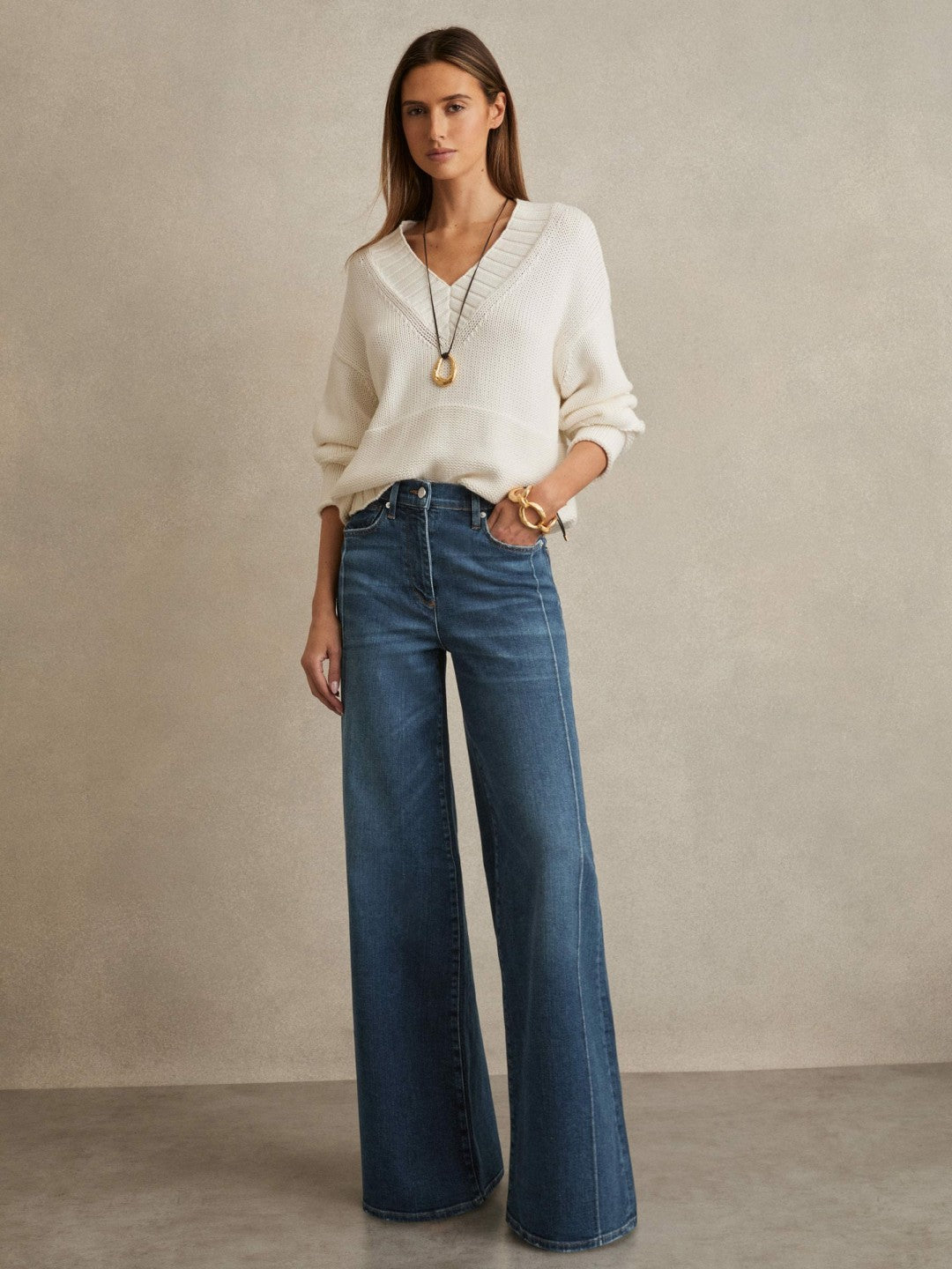 Petite Stretch-Cotton Wide-Leg Jeans in Mid Blue | Reiss Women Featured