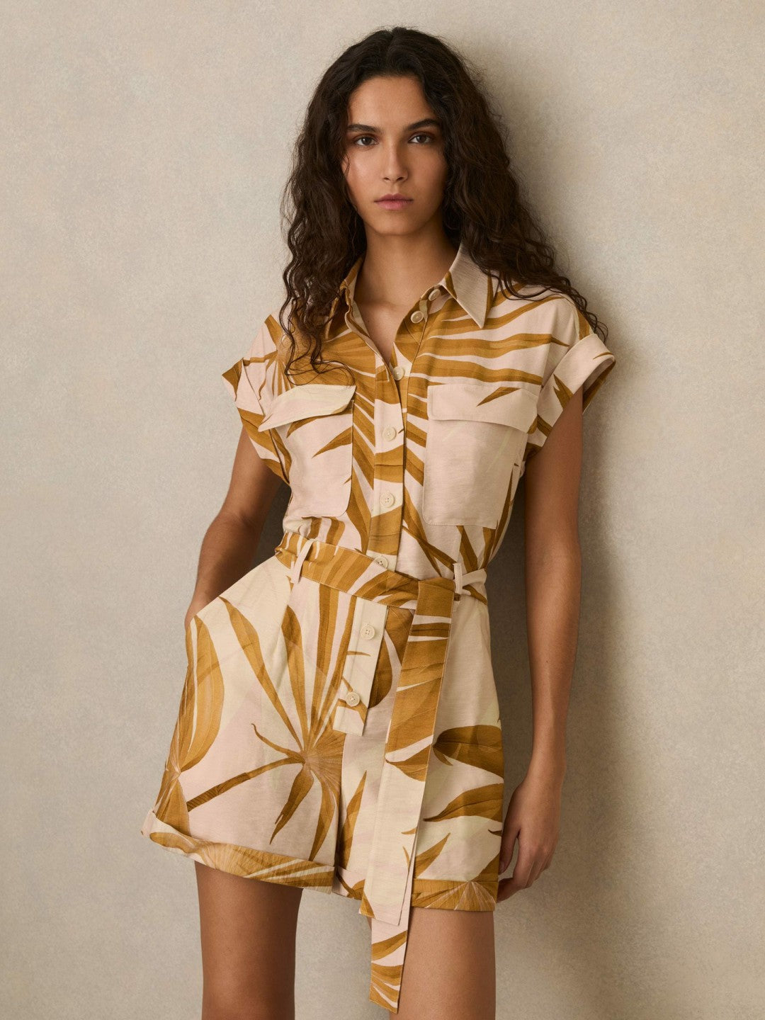 Palm Print Belted Playsuit in Neutral | Reiss Women Featured