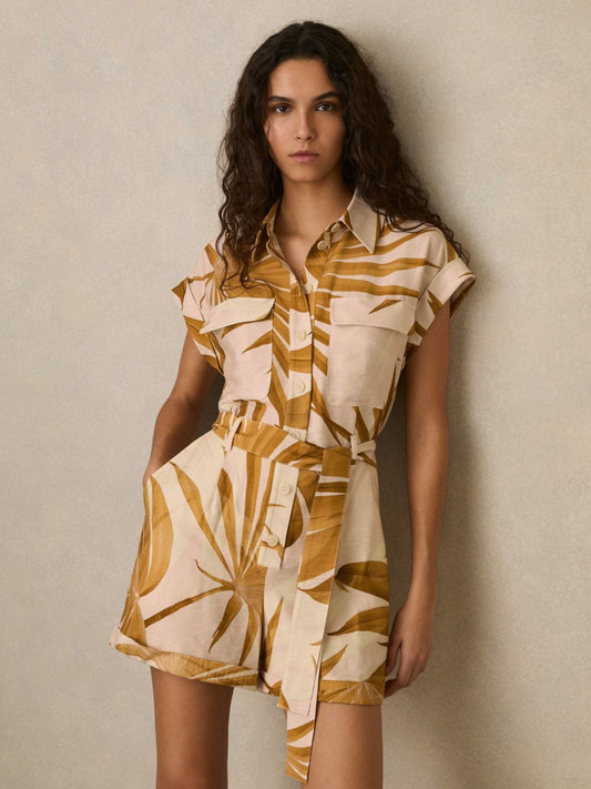 Palm Print Belted Playsuit in Neutral | Reiss Women Featured