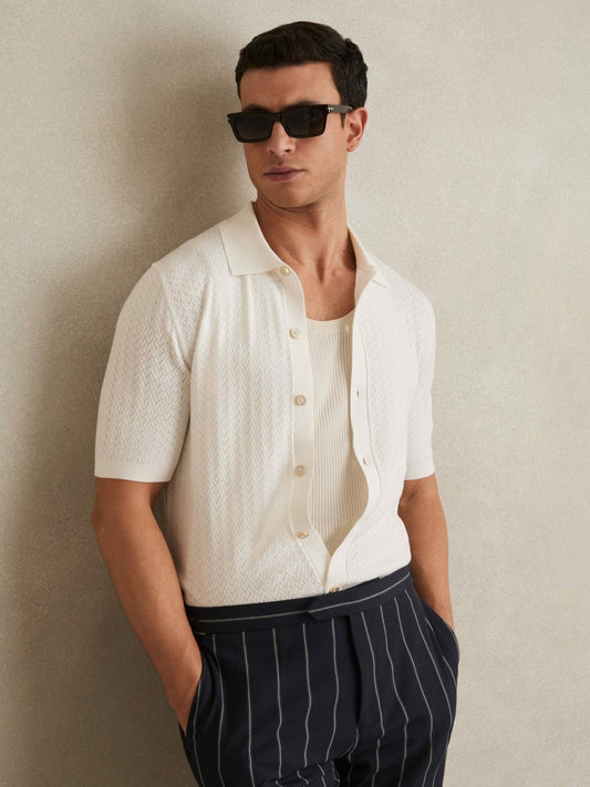 Textured Knit Button-Through Shirt in White | Reiss Men Popular