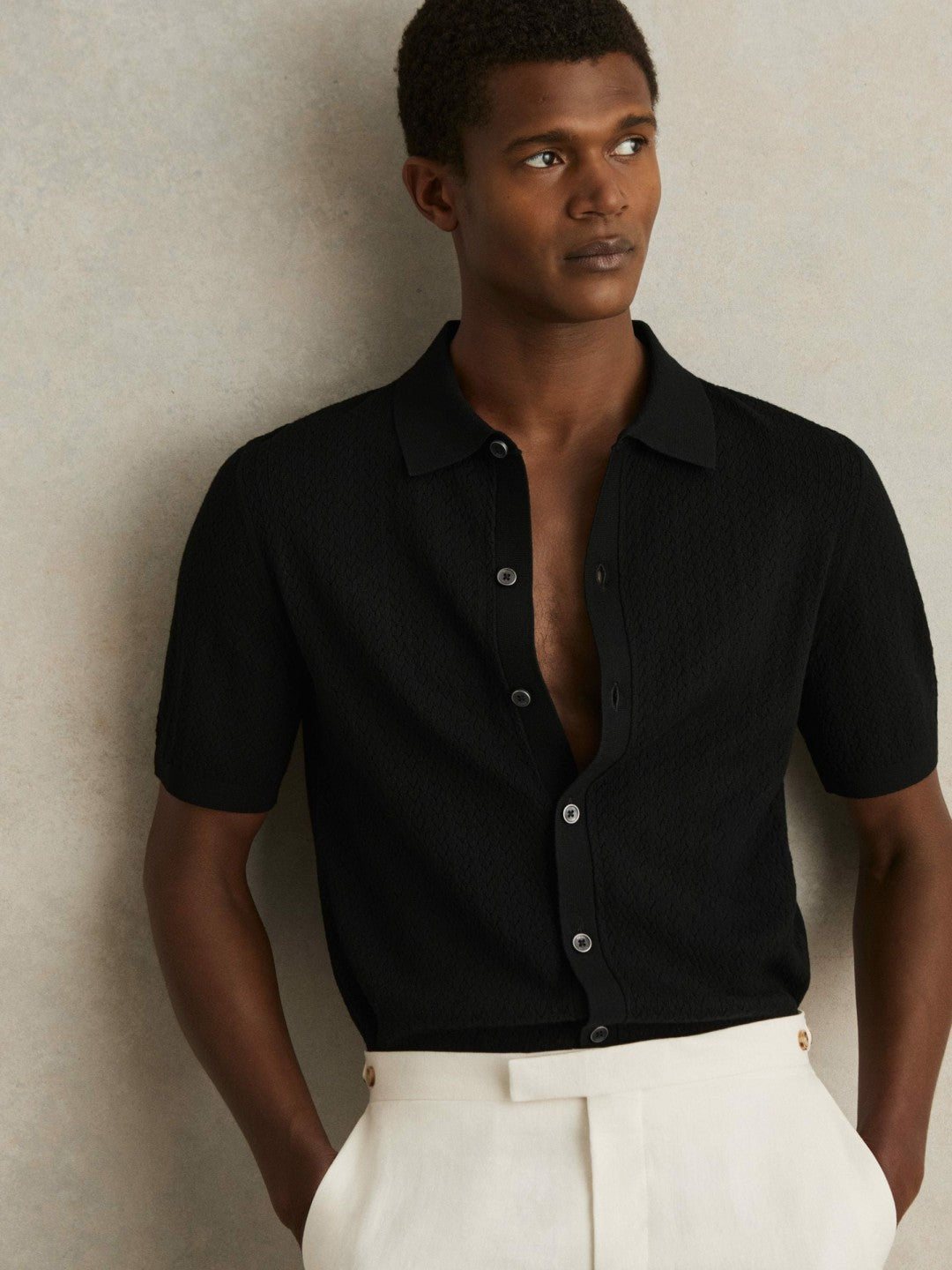 Textured Knit Button-Through Shirt in Black | Reiss Men Exclusive