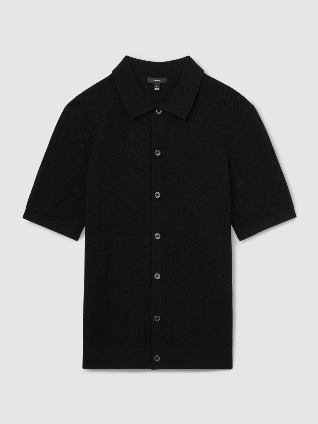 Textured Knit Button-Through Shirt in Black | Reiss Men Exclusive