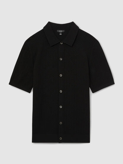 Textured Knit Button-Through Shirt in Black | Reiss Men Exclusive