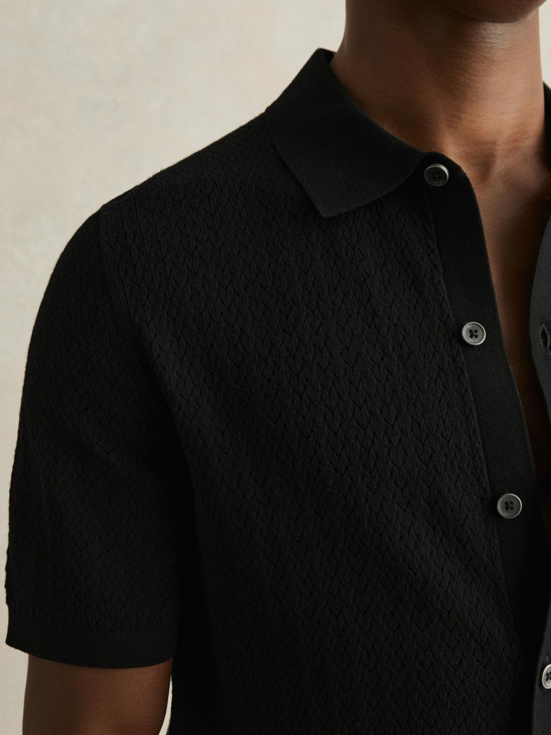 Textured Knit Button-Through Shirt in Black | Reiss Men Exclusive