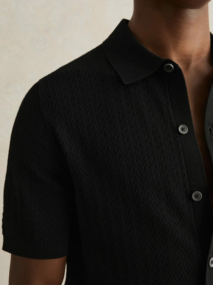 Textured Knit Button-Through Shirt in Black | Reiss Men Exclusive