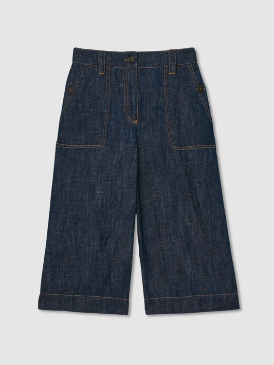 13-14 yrs Cotton-Linen Wide Leg Trousers in Indigo | Reiss Children & Baby Exclusive