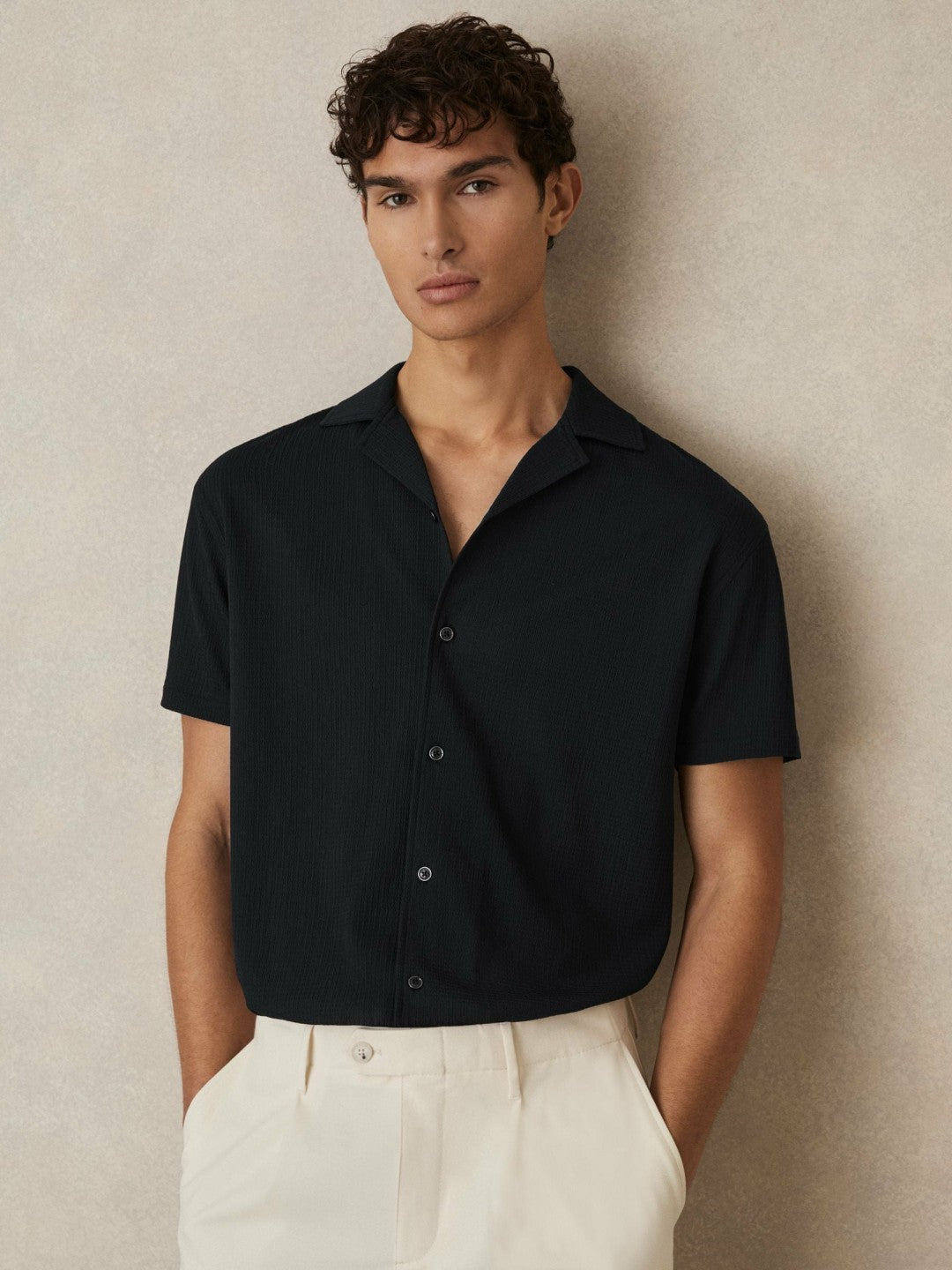 Textured Crepe Cuban Collar Shirt in Navy | Reiss Men Trending
