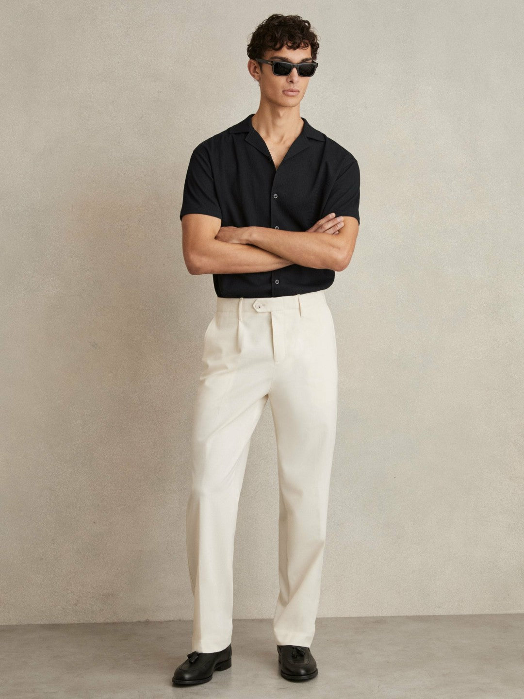 Textured Crepe Cuban Collar Shirt in Navy | Reiss Men Trending