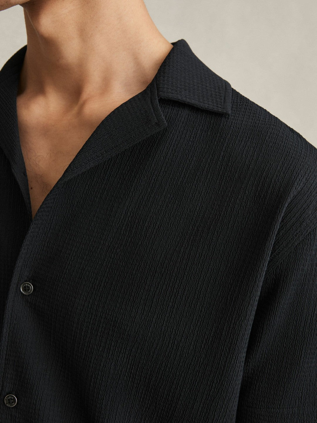 Textured Crepe Cuban Collar Shirt in Navy | Reiss Men Trending