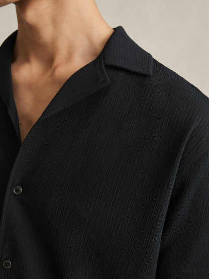 Textured Crepe Cuban Collar Shirt in Navy | Reiss Men Trending