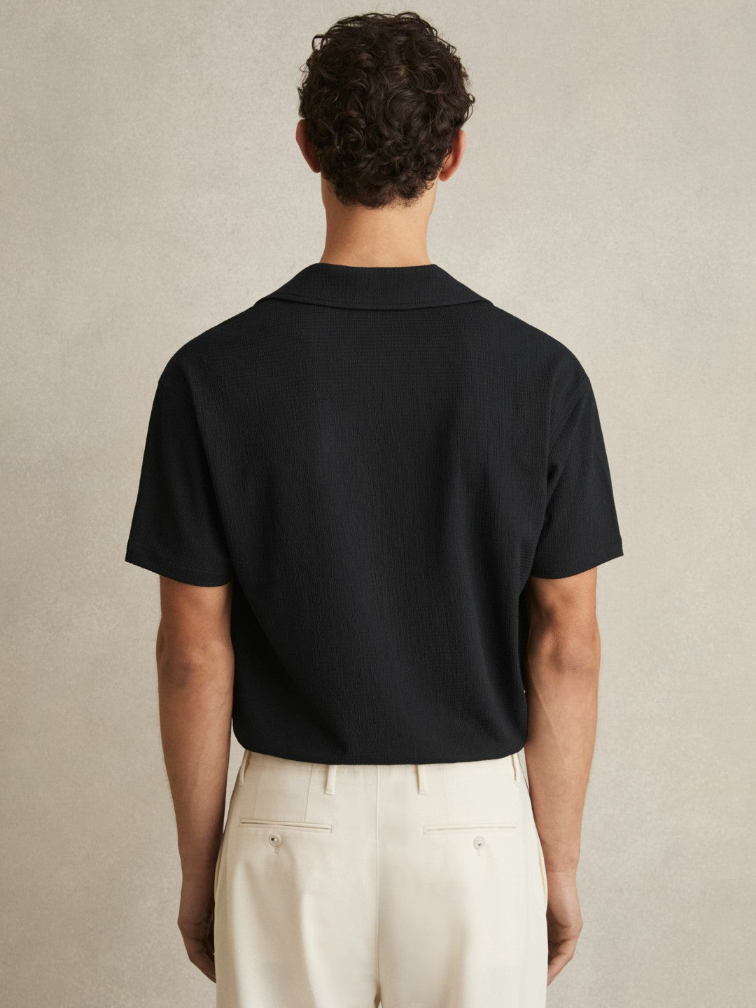 Textured Crepe Cuban Collar Shirt in Navy | Reiss Men Trending
