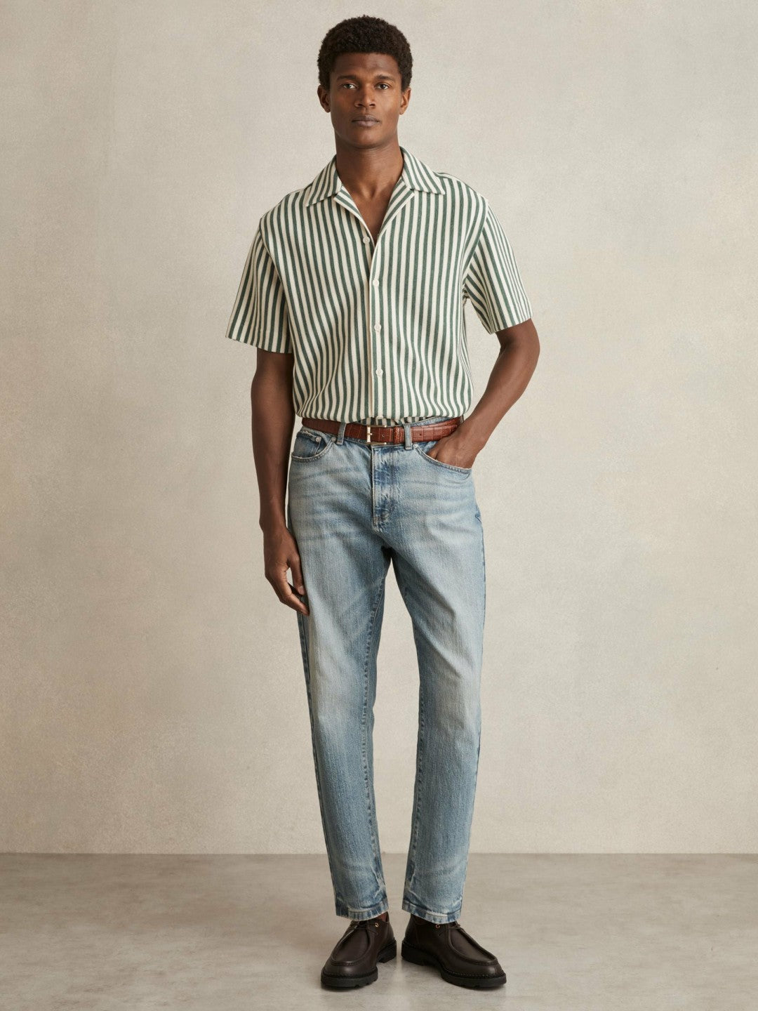 Textured Stripe Cuban-Collar Shirt in Green/White | Reiss Men Best Seller