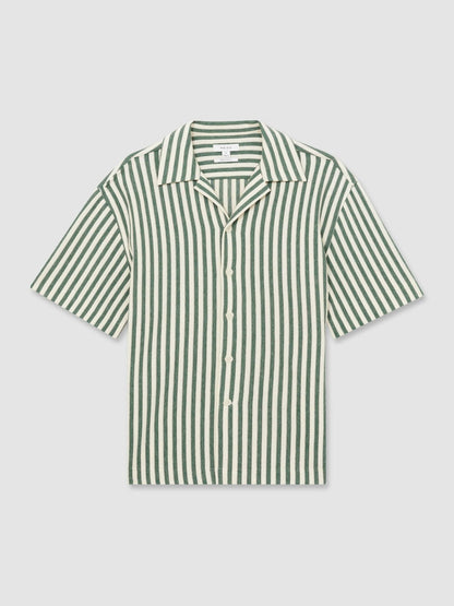 Textured Stripe Cuban-Collar Shirt in Green/White | Reiss Men Best Seller