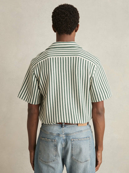 Textured Stripe Cuban-Collar Shirt in Green/White | Reiss Men Best Seller