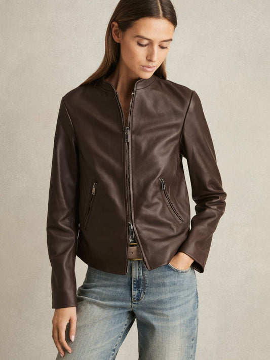 Leather Collarless Biker Jacket in Chocolate Brown | Reiss Women Trending
