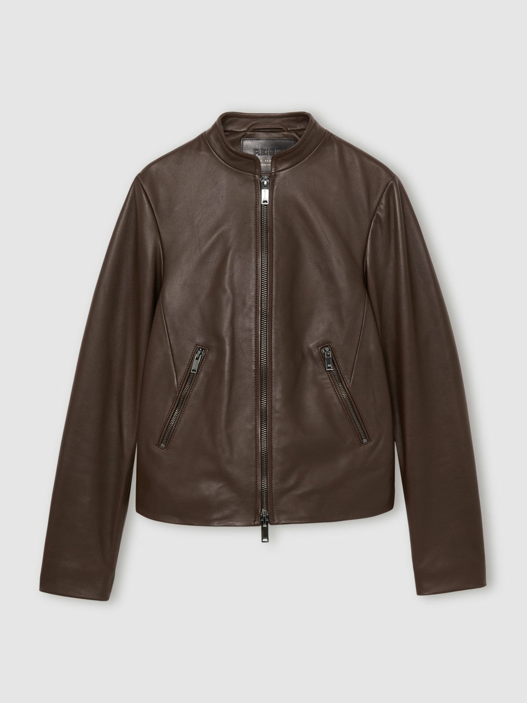 Leather Collarless Biker Jacket in Chocolate Brown | Reiss Women Trending