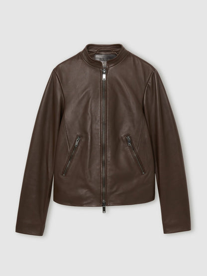 Leather Collarless Biker Jacket in Chocolate Brown | Reiss Women Trending