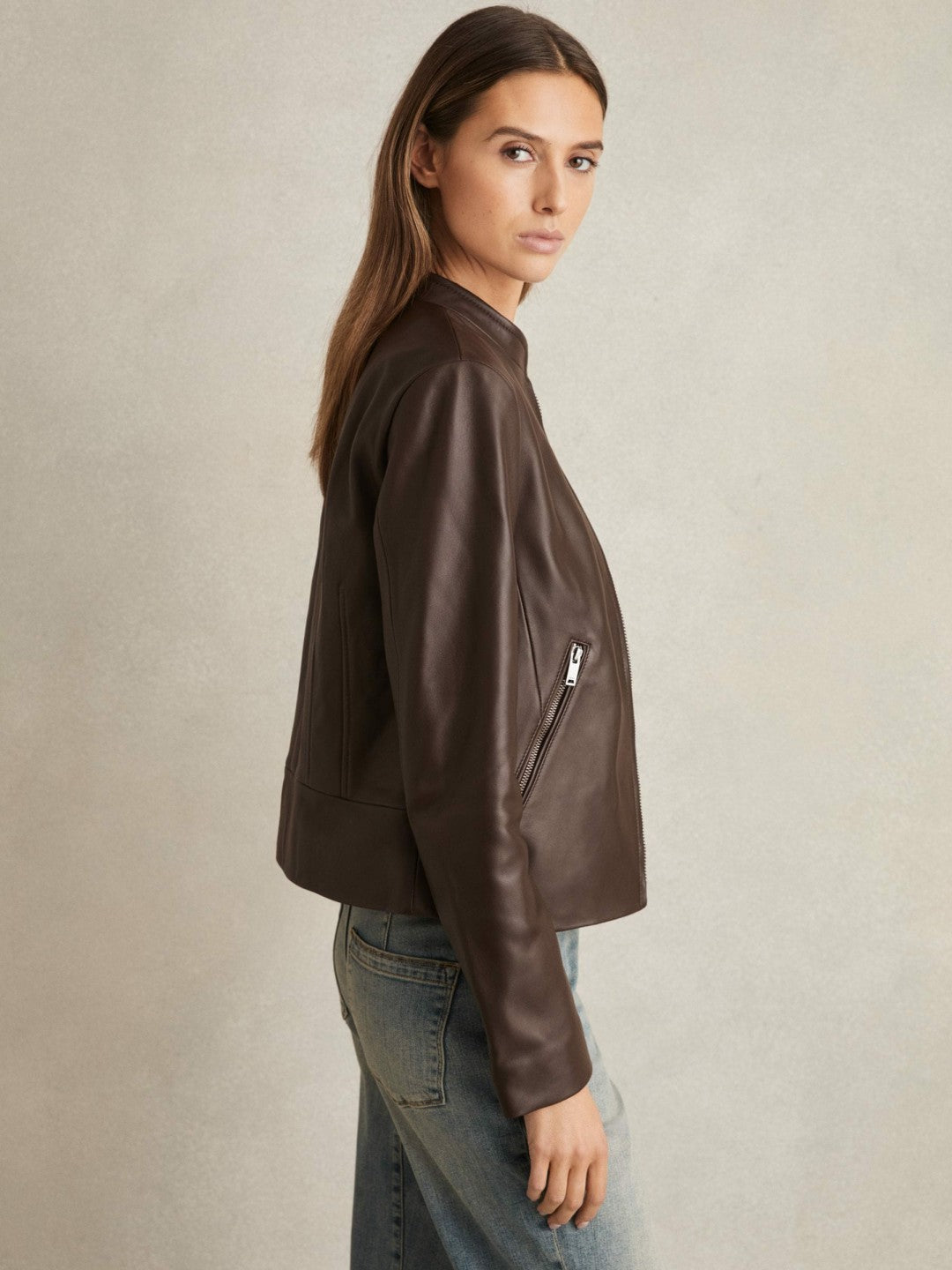 Leather Collarless Biker Jacket in Chocolate Brown | Reiss Women Trending