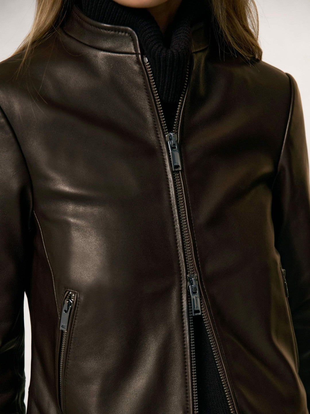 Leather Collarless Biker Jacket in Chocolate Brown | Reiss Women Trending