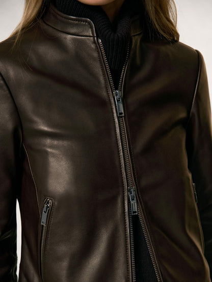 Leather Collarless Biker Jacket in Chocolate Brown | Reiss Women Trending