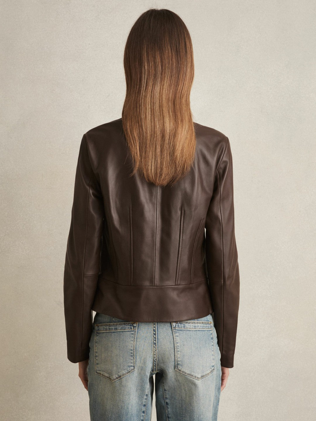 Leather Collarless Biker Jacket in Chocolate Brown | Reiss Women Trending