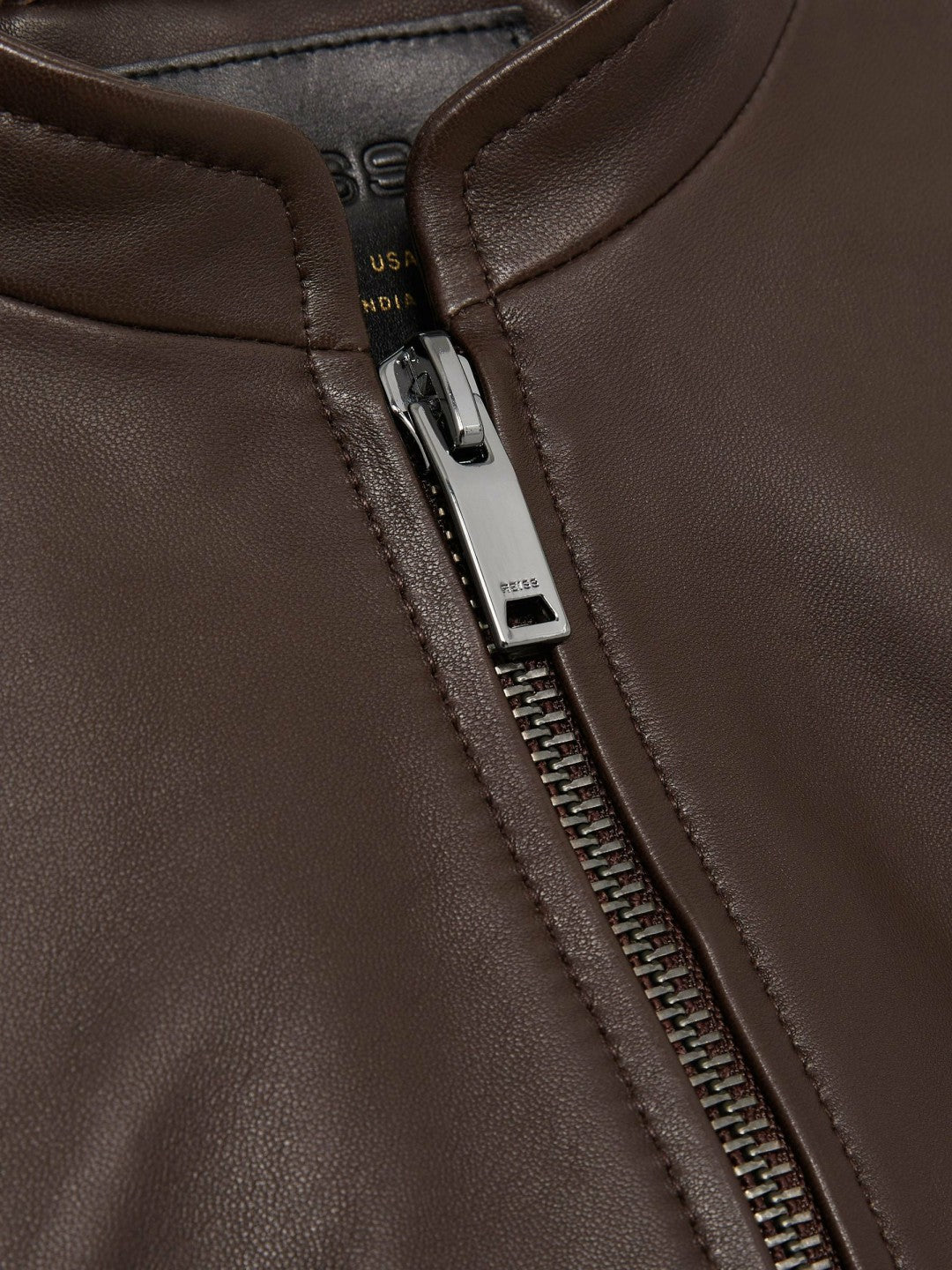 Leather Collarless Biker Jacket in Chocolate Brown | Reiss Women Trending