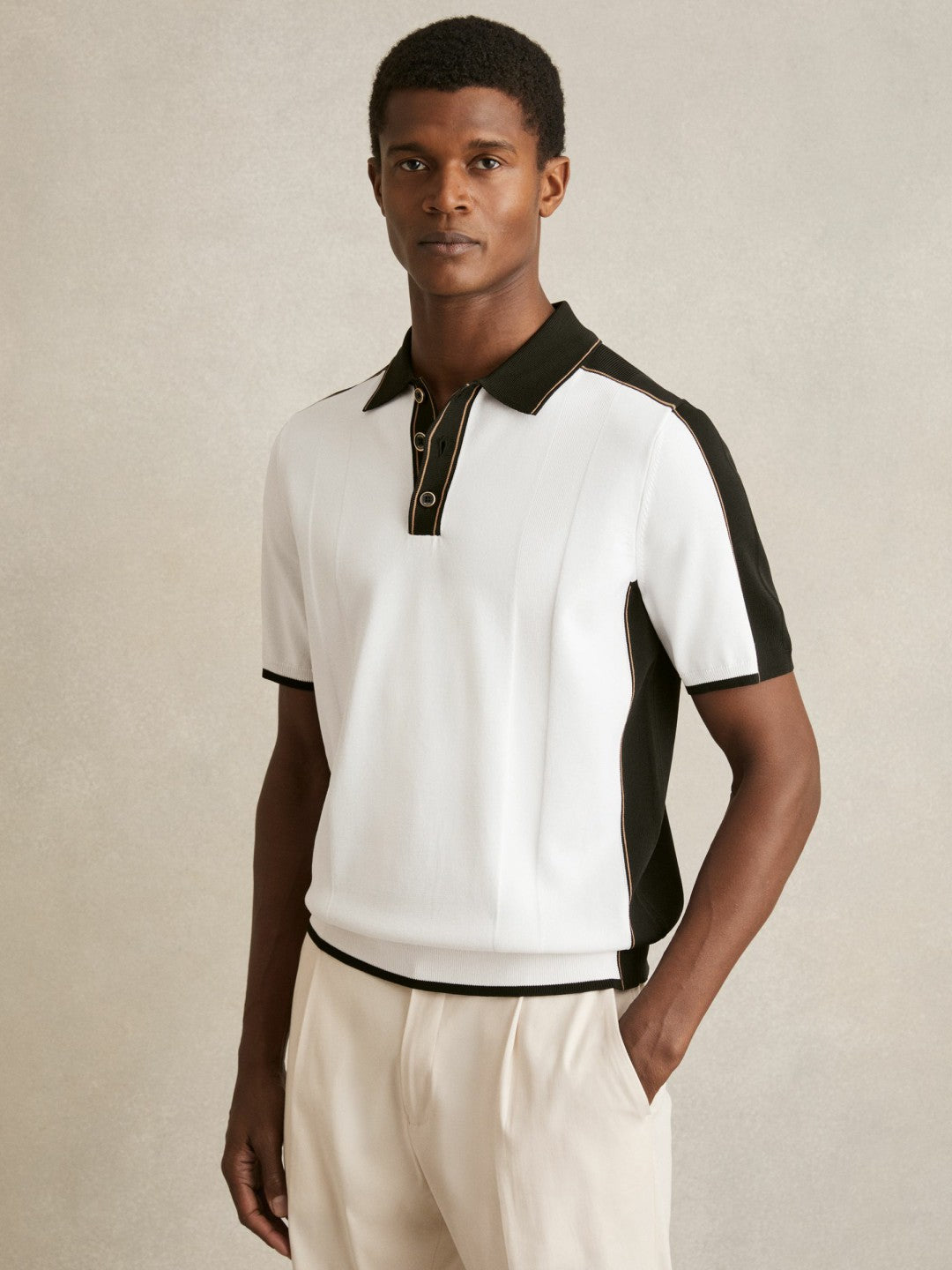 Colour-Block Knit Polo Shirt in Optic White/Green | Reiss Men New
