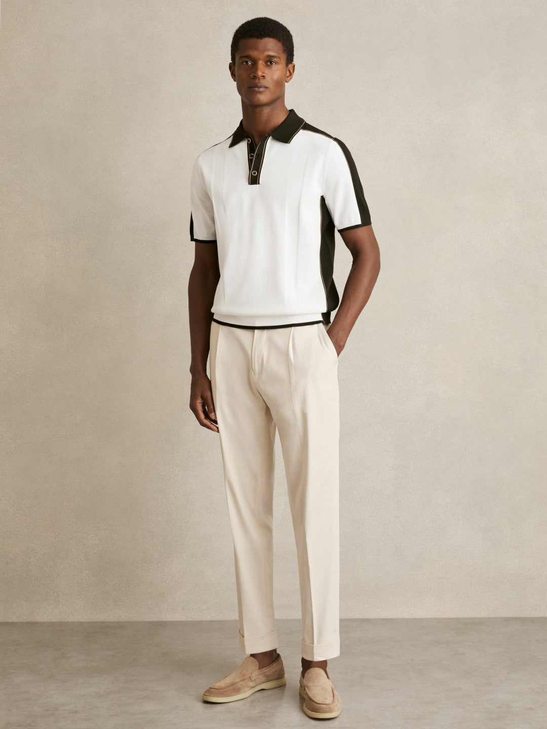 Colour-Block Knit Polo Shirt in Optic White/Green | Reiss Men New