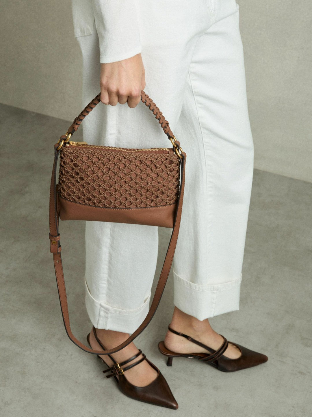 Weave Cross-Body Bag in Tan | Reiss Women Signature