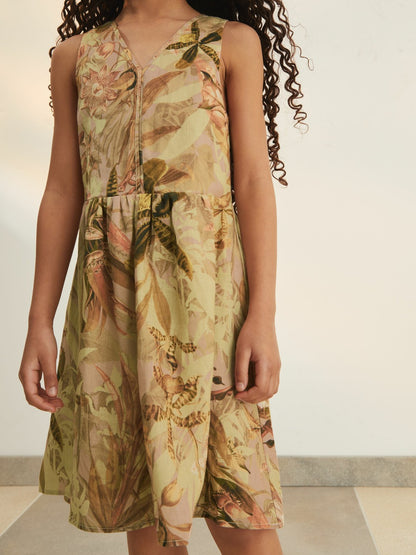 4-9 yrs  | NYBG Floral-Print Midi Dress in Khaki | Reiss Children & Baby Signature