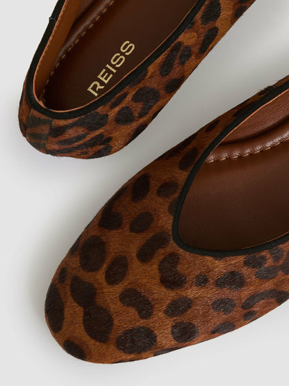 Leather Rounded-Point Toe Ballet Flats in Animal | Reiss Women Premium