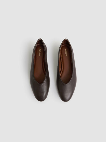 Leather Rounded-Point Toe Ballet Flats in Chocolate | Reiss Women Recommended