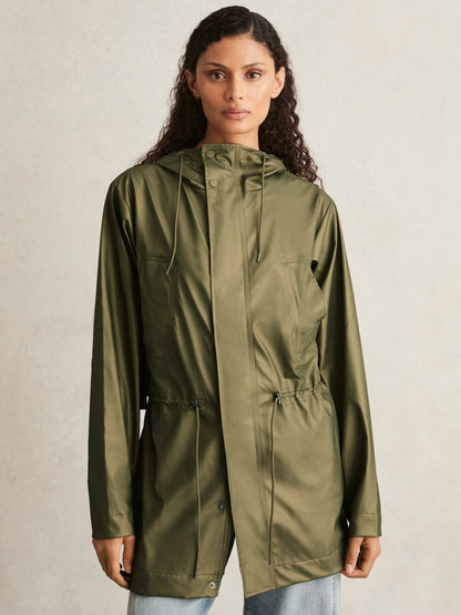 Rains Long Hooded Jacket in Revel Brass Green | Reiss Women Premium