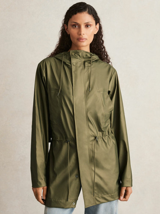Rains Long Hooded Jacket in Revel Brass Green | Reiss Women Premium