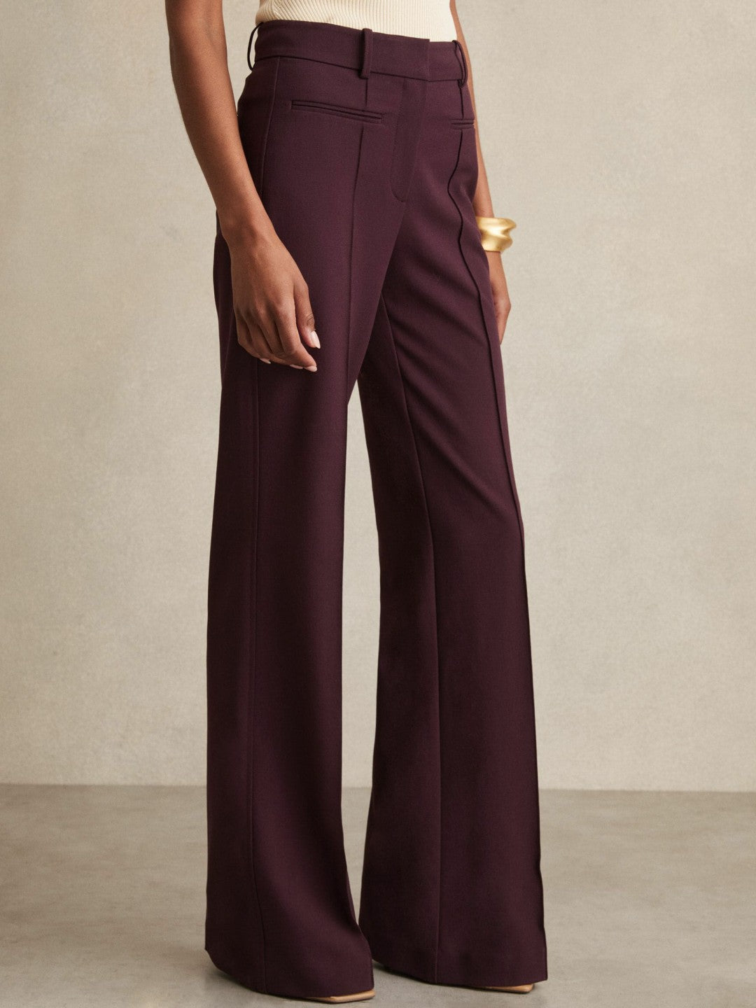 Petite High Rise Flared Trousers in Burgundy | Reiss Women Signature