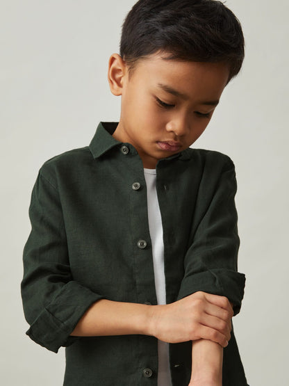 3-9 yrs Linen Cutaway Collar Shirt in Dark Green | Reiss Children & Baby Trending