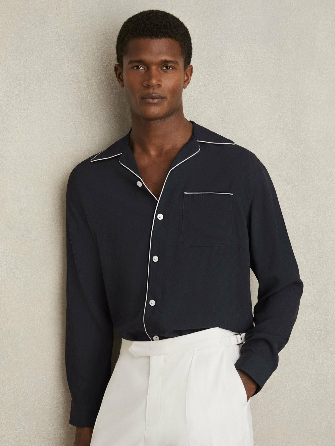 Cuban Collar Shirt with Piping Detail Shirt in Navy | Reiss Men Best Seller