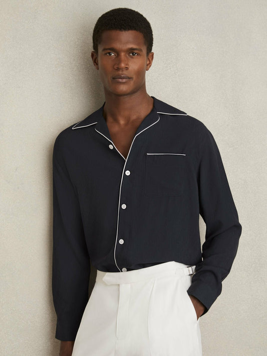 Cuban Collar Shirt with Piping Detail Shirt in Navy | Reiss Men Best Seller
