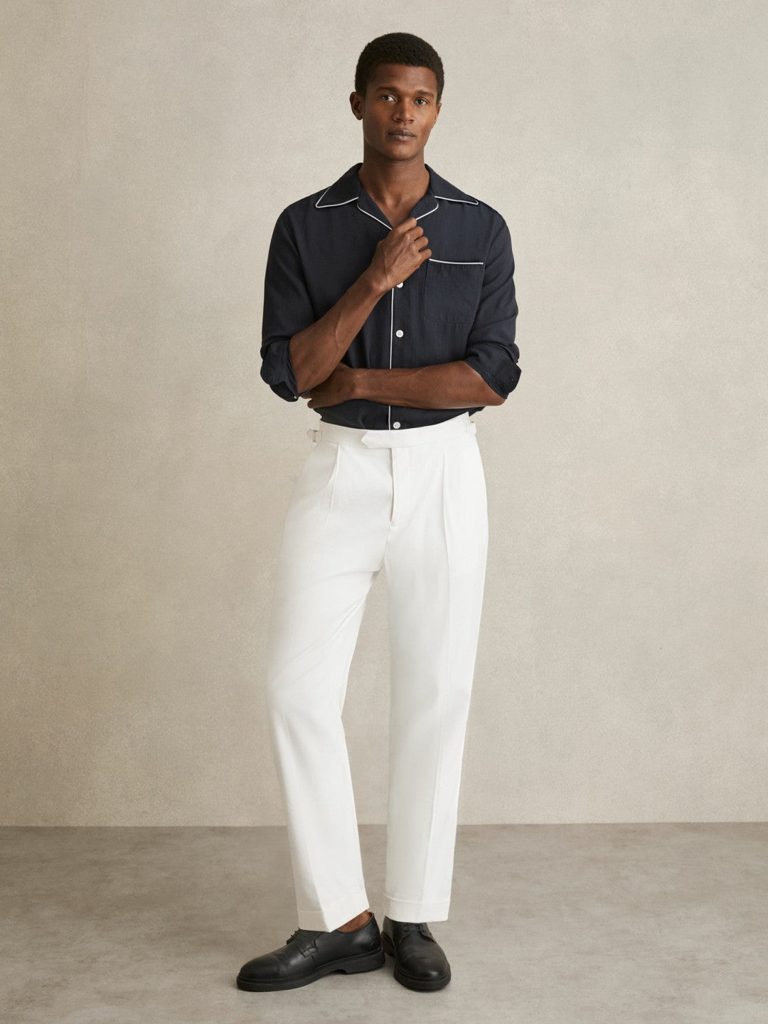 Cuban Collar Shirt with Piping Detail Shirt in Navy | Reiss Men Best Seller