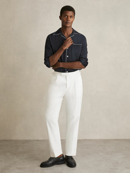 Cuban Collar Shirt with Piping Detail Shirt in Navy | Reiss Men Best Seller
