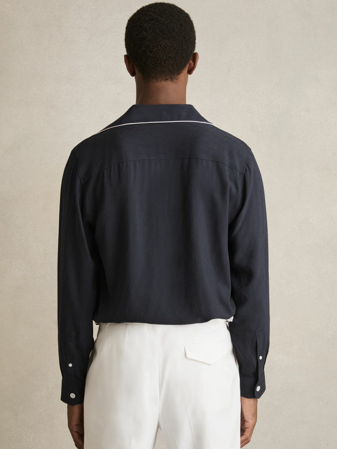 Cuban Collar Shirt with Piping Detail Shirt in Navy | Reiss Men Best Seller