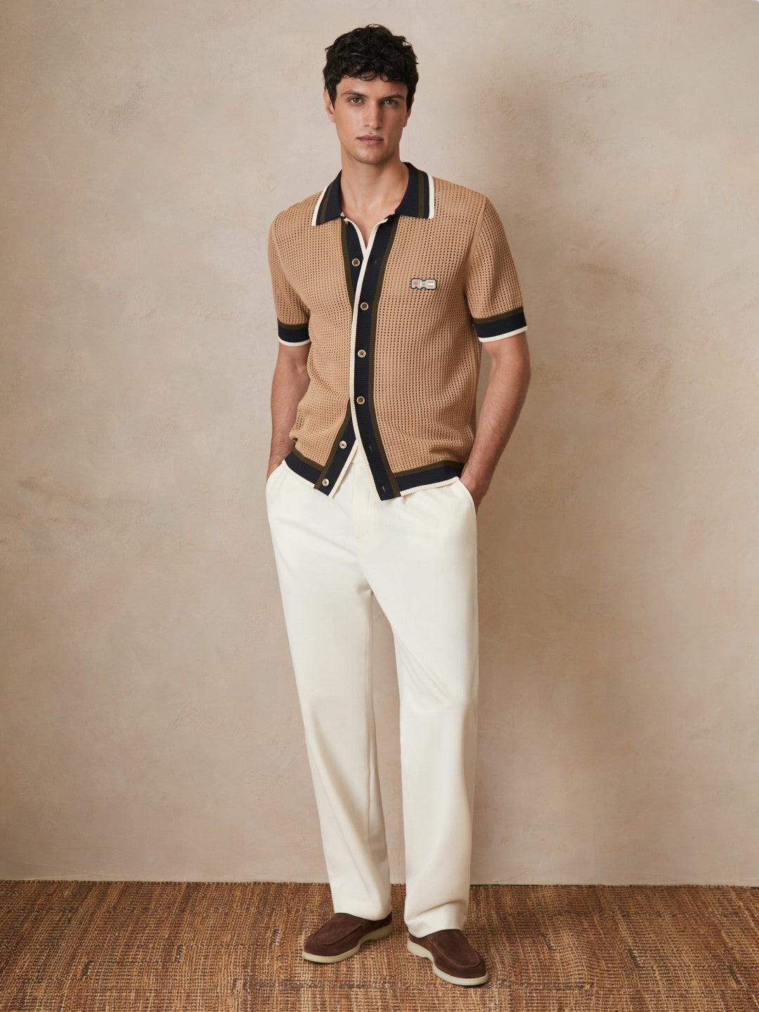 | Ché Crochet Tipped Shirt in Camel | Reiss Men Premium