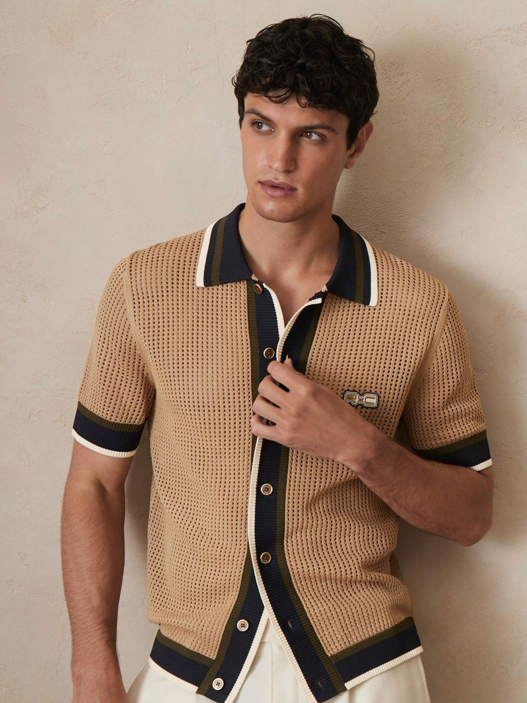 | Ché Crochet Tipped Shirt in Camel | Reiss Men Premium