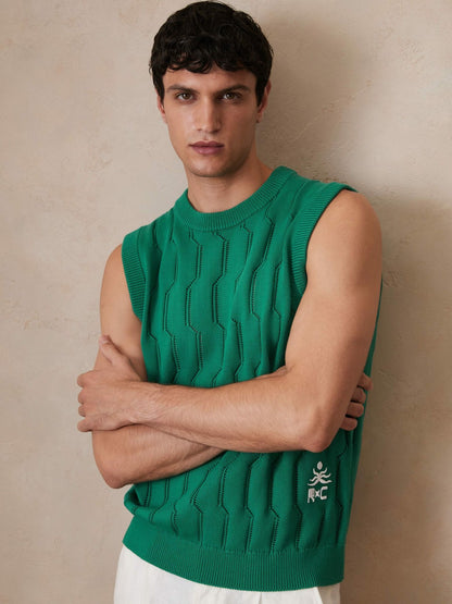 Ché Pointelle Crew-Neck Vest in Bright Green | Reiss Men Premium