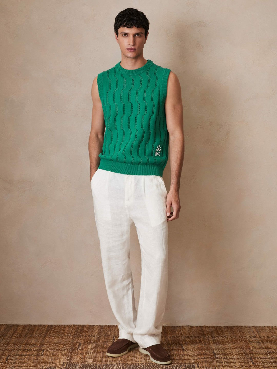 Ché Pointelle Crew-Neck Vest in Bright Green | Reiss Men Premium