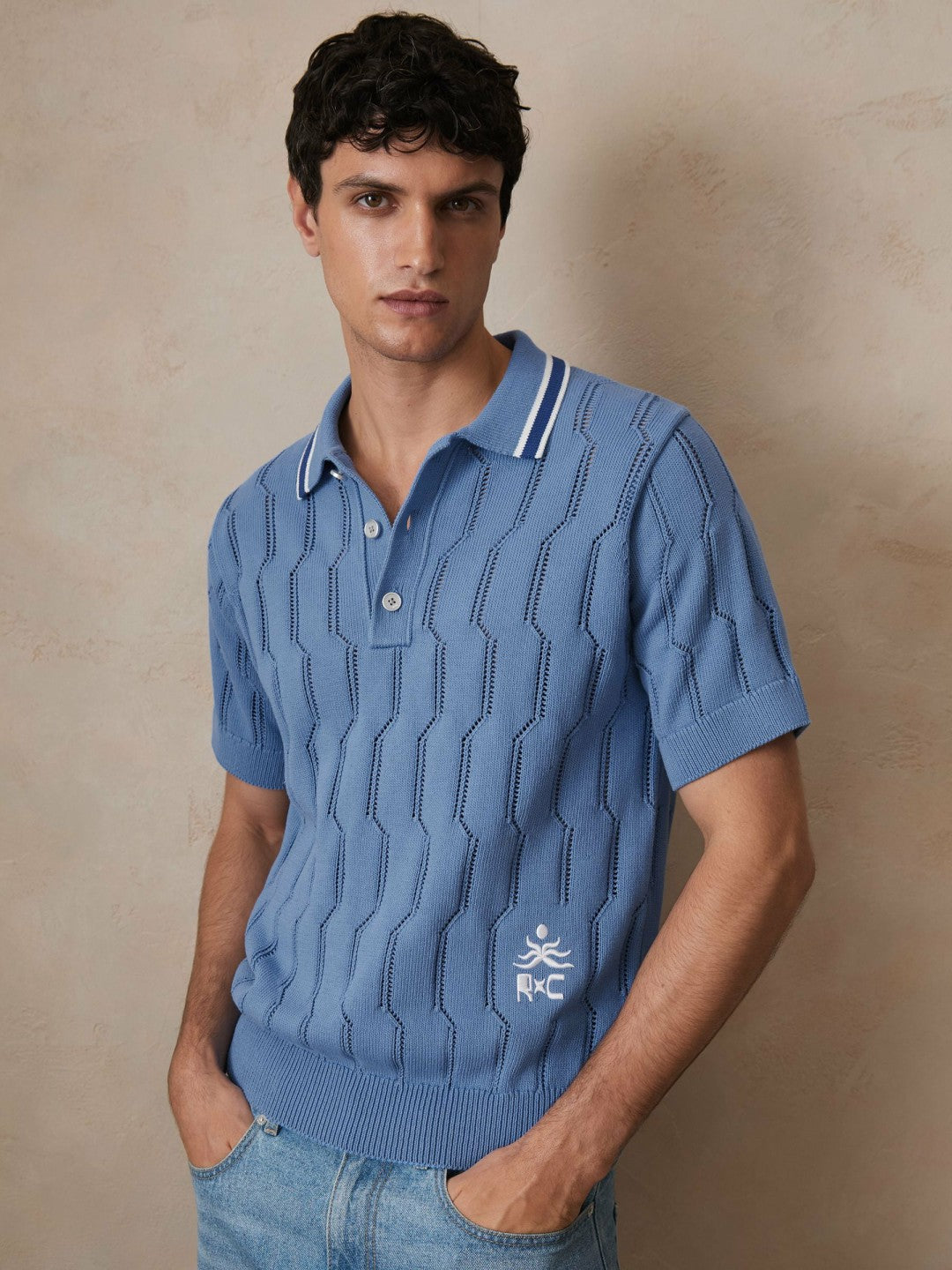 | Ché Cotton Pointelle Polo Shirt in Blue | Reiss Men Popular